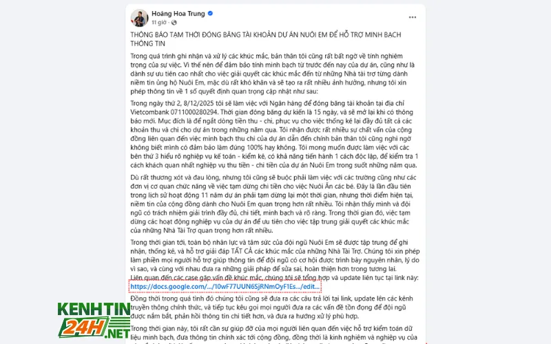 Hoàng Hoa Trung thông báo đóng băng tài khoản