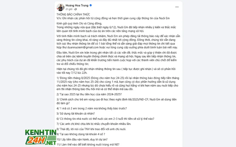 Hoàng Hoa Trung lên tiếng về vụ dự án Nuôi Em không minh bạch