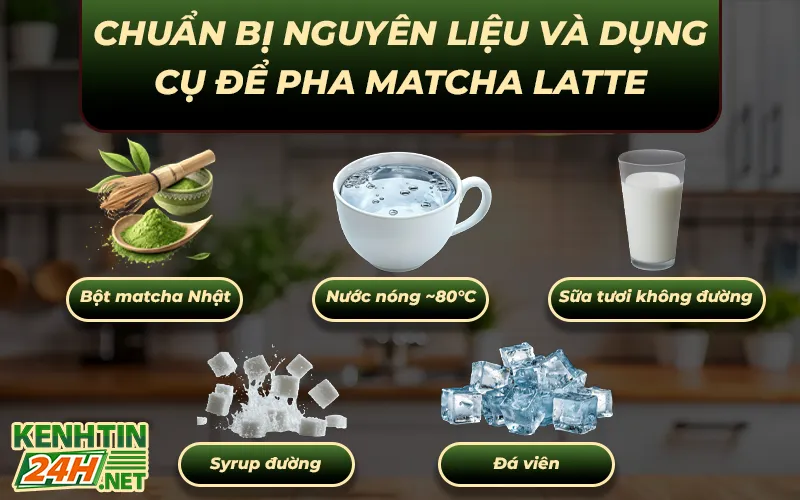 Chuẩn bị nguyên liệu và dụng cụ để pha matcha latte