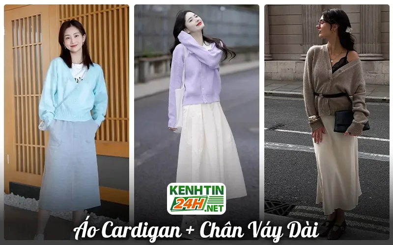 Phối áo cardigan với chân váy dài
