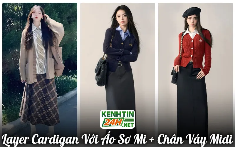 Cardigan với áo sơ mi và chân váy midi