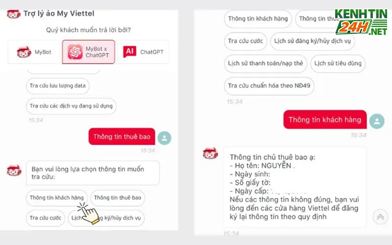Bấm vào thông tin khách hàng sẽ xuất hiện thông tin của thuê bao