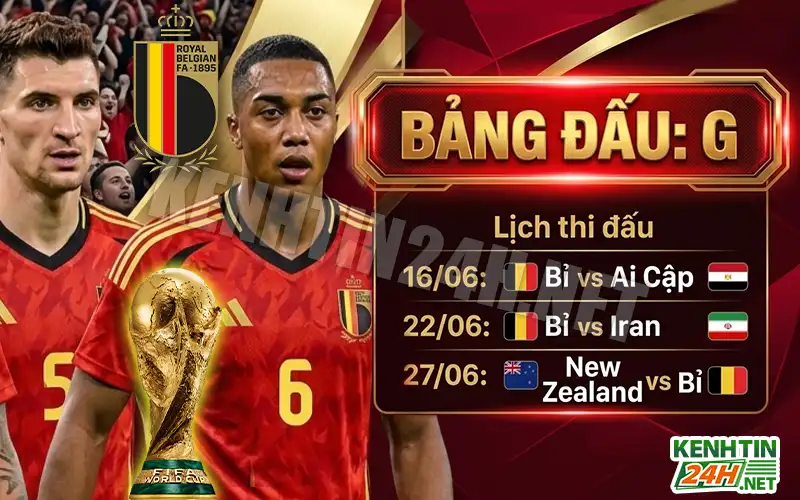 Lịch thi đấu vòng bảng World Cup 2026 của đội tuyển Bỉ